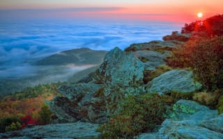 Картинка Гора Хоксбилл, Моргантон, горы, Северная Каролина, пейзаж, закат, море облаков, Соединенные Штаты Америки