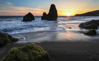 Картинка San Francisco, пейзаж, закат, California, берег, море, пляж, волны, скалы, природа