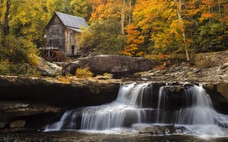 Картинка Glade Creek Grist Mill, лес, осенние краски, пейзаж, Babcock State Park, водопад, водяная мельница, деревья, осень, природа, скалы