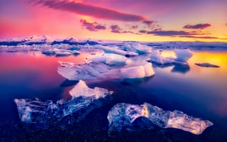 Картинка Исландия, Океан и море, лед, Йокюльсадлон, пейзаж, закат