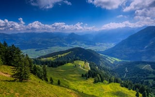 Картинка Берхтесгаден, горы, деревья, холмы, пейзаж, домики, небо, немецкие Альпы, облака, Бавария, дороги, Германия