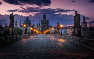 Картинка Charles Bridge, ночные города, фонари, Czech Republic, Prague, ночь, сумерки