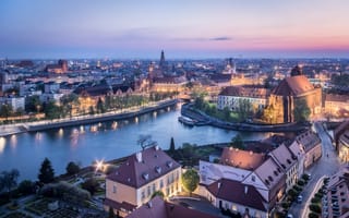 Картинка Wroc aw, закат, город, сумерки, Poland, иллюминация