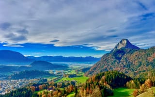 Картинка Вид на гору Пендлинг и речную долину из часовни Тиберг близ Куфштайна в Тироле, Австрия, холмы, деревья, горы, осень, пейзаж