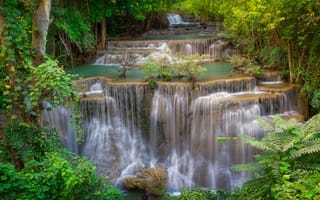 Картинка Huai Mae Kamin Waterfall, Thailand, Kanchanaburi Province, деревья, скалы, водопад, пейзаж, природа