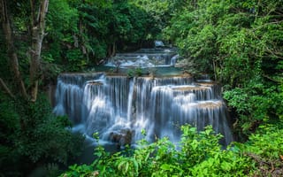 Картинка Huai Mae Kamin Waterfall, Kanchanaburi Province, пейзаж, водопад, Thailand, деревья, скалы, природа