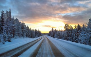 Картинка Куусамо, Финляндия, дорога, пейзаж, деревья, зима, лес, закат
