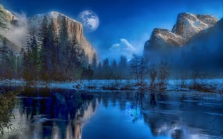 Картинка Йосемити Национальный Парк, пейзаж, США, Мерсед река, штат Калифорния, деревья, горы