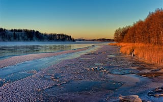 Картинка Река Ангерман, Швеция закат, природа, пейзаж, деревья, небо, Крамфорс