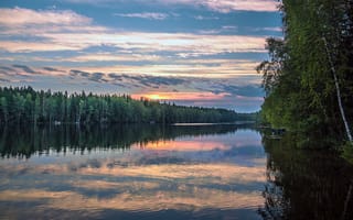 Картинка Finland, природа, озеро, пейзаж, деревья, закат, отражение, сумерки, лес, небо