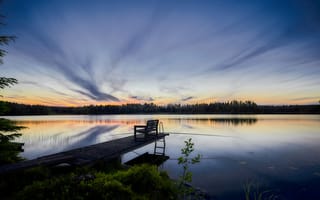 Картинка Finland, место рыбной ловли, небо, сумерки, лес, закат, причал, природа, деревья, отражение, мостик, озеро