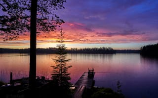 Картинка Finland, причал, мостик, закат, деревья, место рыбной ловли, природа, отражение, лес, сумерки, небо, озеро