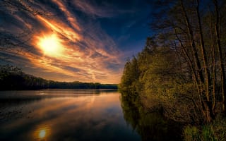 Картинка озеро, небо, отражение, деревья, пейзаж, природа, лес, закат