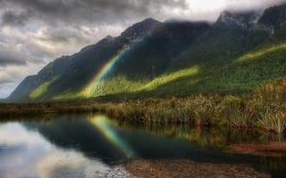 Картинка Mountains Mountain Splendor Green Peaceful New Reflection, Sky, Forest, Rainbow, Clouds, Woods, Pond, Zealand, Lake, Water