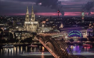 Картинка Cologne, Германия, Река Рейн, ночь, Кёльнский собор, ночные города, Кёльн