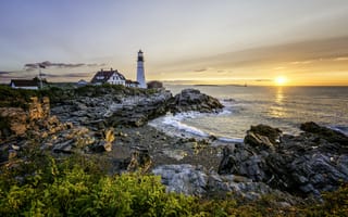 Картинка Portland Head Lighthouse, маяк, Maine закат, Cape Elizabeth, волны, пейзаж, берег, пляж, море