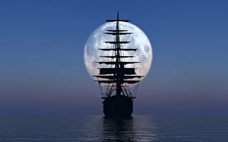Картинка лодка, океан, Луна