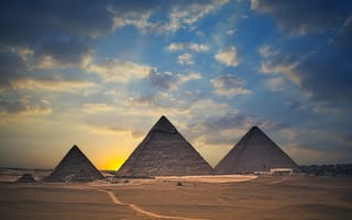 Картинка Египет, небо, пирамиды, закат, облака, песок