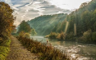 Картинка Bochum, осень, канал, лес, Germany, дорога, деревья, пейзаж, река