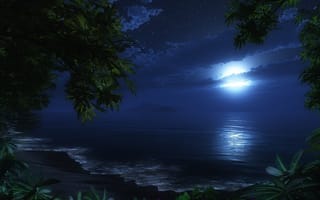Картинка ночь, океан, луна
