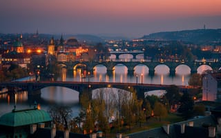 Картинка мосты, ночные города, река Влтава