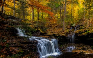 Картинка водопад, скалы, цвета осени