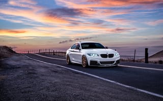 Картинка BMW, Sunrise, San Jose, Road, Garde, Sunset, Front, Wheels, White, Mountains, Car, M235i, Avant