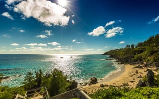 Картинка солнце, облака, побережье, Бермуды, океан
