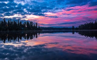 Картинка лес, небо, рассвет, озеро, Озеро Сойер, Штат Вашингтон, Lake Sawyer, отражение, Washington State, утро