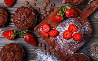 Картинка ягоды, клубника, шоколадное, кексы, пирожное, сахарная пудра, маффины
