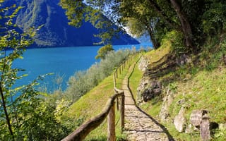 Картинка дорога, деревья, Швейцария, Лугано, озеро, горы