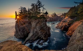 Картинка солнце, лучи, пейзаж, океан, США, природа, деревья, Орегон, скалы, закат