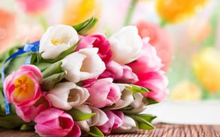 Обои цветы, тюльпаны, белые, розовые, весна, букет