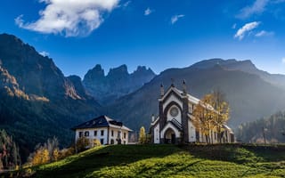 Картинка горы, синева, церковь, архитектура, Альпы, вид, дома, скалы