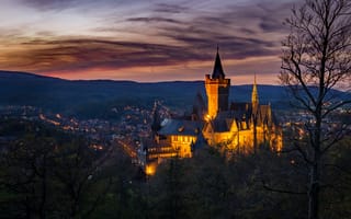 Картинка пейзаж, природа, Вернигероде, Саксония-Анхальт, Германия, вечер, замок, освещение, город, Wernigerode