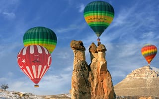 Картинка небо, пейзаж, воздушные шары, Турция, скалы, национальный парк, Каппадокия, Гёреме, природа