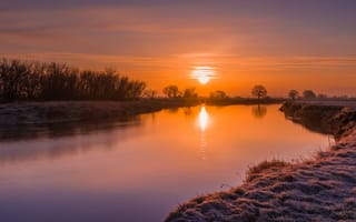Картинка солнце, закат, река, водоем, рассвет, берег