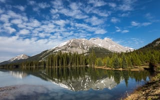 Картинка лес, небо, отражение, берег, скалы, облака, горы, синева
