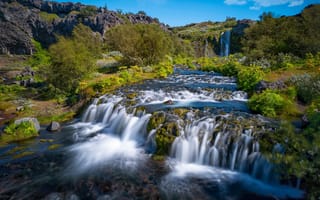 Картинка деревья, река, водопады, Водопад Гьяйн, Iceland, Gjárfoss, Rauðá River, Gjain Waterfalls, каскад, Исландия