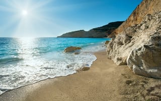 Картинка Греция, песок, природа, побережье, скалы, море, солнце, Greece