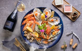 Картинка шампанское, креветки, ассорти, моллюски, мидии