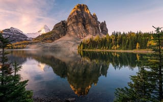 Картинка осень, лес, берег, ели, горы, отражение, водоем, озеро