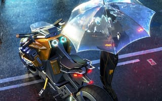 Картинка дождь, арт, зонт, транспорт, мотоцикл, sci-fi