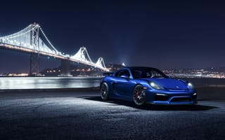 Картинка Porsche, Front, Night, Cayman, Sport, Blue, GT4, Bridge, Car