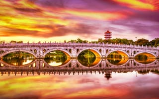 Картинка Chinese Garden, закат, Китайский сад, Сингапур, водоём, озеро, мост, Singapore, отражение