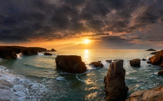 Картинка море, закат, Port Goulom, Франция, скалы, Бретань, панорама, Brittany, Бискайский залив, France, Saint-Pierre-Quiberon, Bay of Biscay, побережье