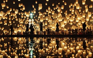 Обои отражение, люди, китайские фонарики, people, Prasad Ambati, chinese lanterns, reflection