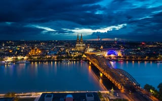 Картинка мост, Германия, Кёльн, огни, река, собор
