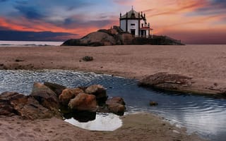 Картинка песок, вода, океан, берег, природа, пейзаж, закат, камни
