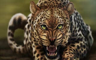Картинка кошка, морда, рычание, взгляд, леопард, арт
